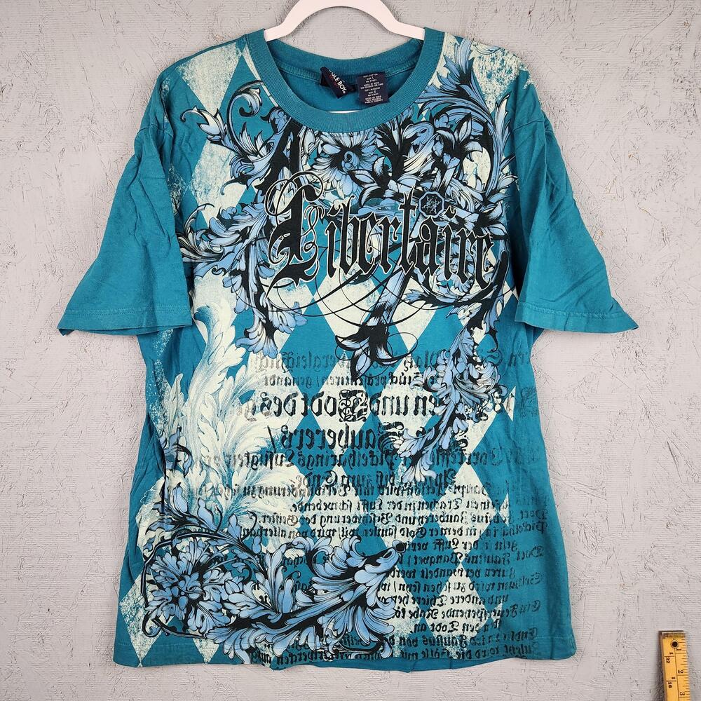 Vintage Bugle Boy Shirt Mens Large Teal Libertaire Graphic All Over Print 90s